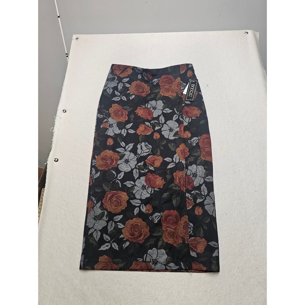 NYCC New York Clothing Co Floral Midi Skirt Black Orange Rose Pencil Slit Medium